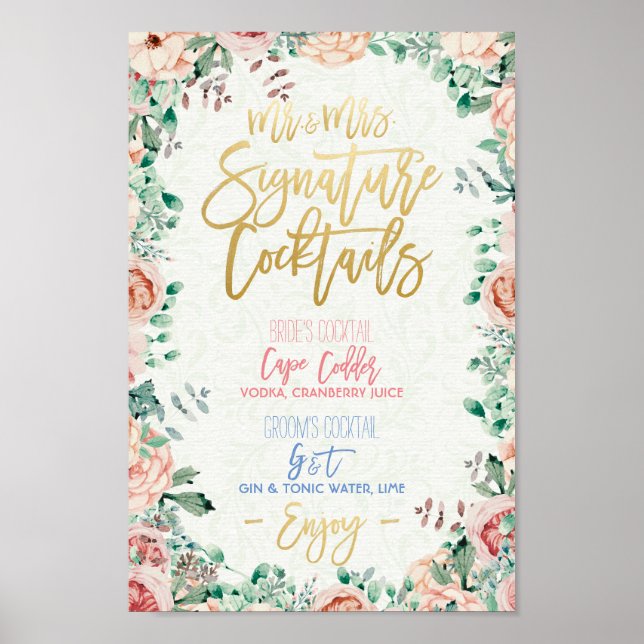Floral Signature Cocktail Drink Menu Wedding Decor (Front)