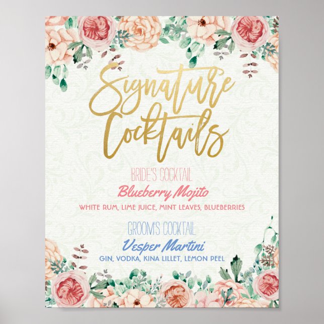 Floral Signature Cocktail Drink Menu Wedding Decor (Front)