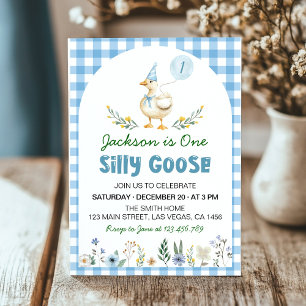 Floral Silly Goose Blue Balloon 1st Birthday Invitation
