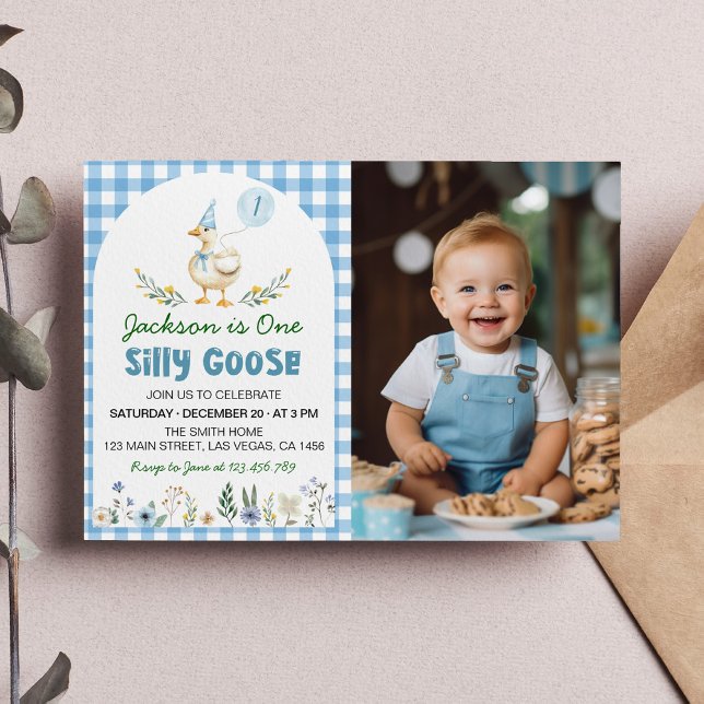 Floral Silly Goose Blue Balloon 1st Birthday Photo Invitation (Creator Uploaded)