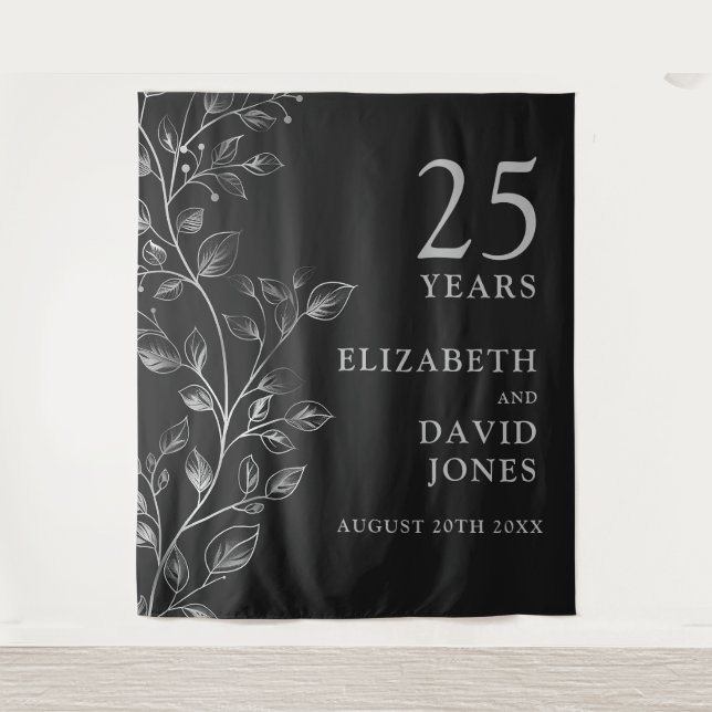 Floral Silver 25th Anniversary Photo Backdrop Tapestry (Front)