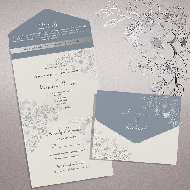 Floral Silver and Dusty Blue Wedding All In One Invitation (Creator Uploaded)