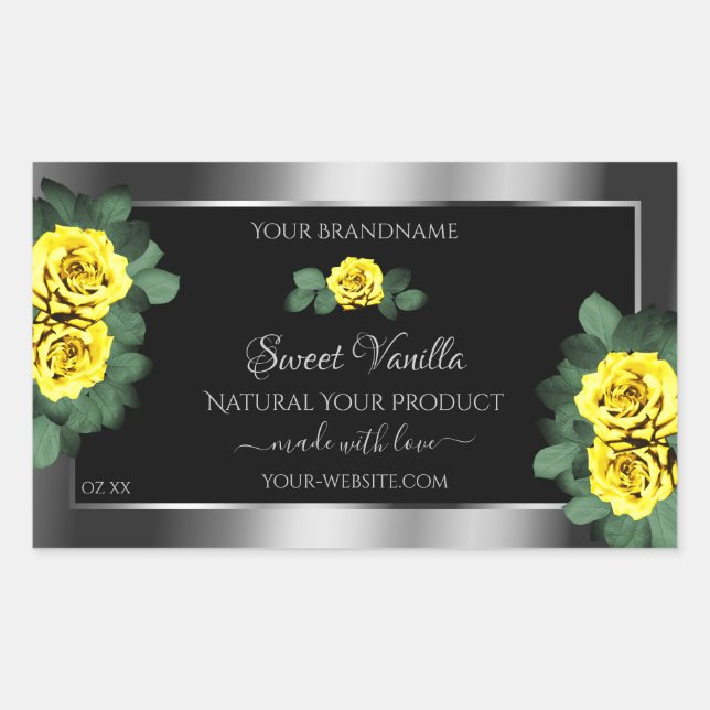 Floral Silver Black Product Labels Yellow Roses (Front)
