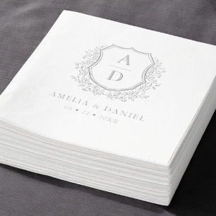 Floral Silver Crest Wedding Monogram Foil Napkins