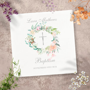 Floral Silver Cross Garland Baptism Christening Napkin