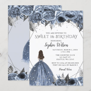 Floral Silver Dusty Blue Spakle Dress Sweet 16 Inv Invitation