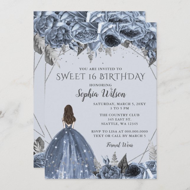 Floral Silver Dusty Blue Spakle Dress Sweet 16 Invitation (Front/Back)