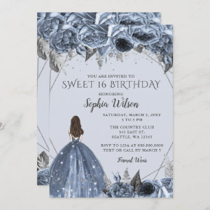 Floral Silver Dusty Blue Spakle Dress Sweet 16 Invitation