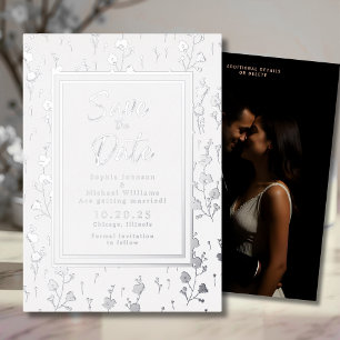 Floral Silver Foil Save the Date Photo Elegant Foil Holiday Card