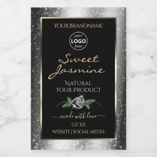 Floral Silver Glitter Black Product Labels Logo
