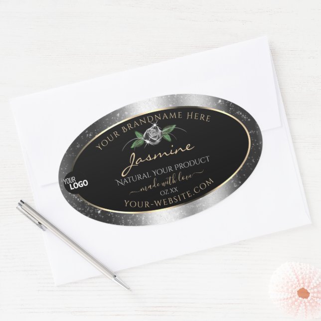 Floral Silver Glitter Black Product Labels Logo (Envelope)