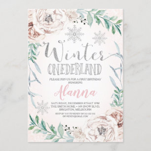 Floral Silver Glitter Winter Onederland Birthday Invitation