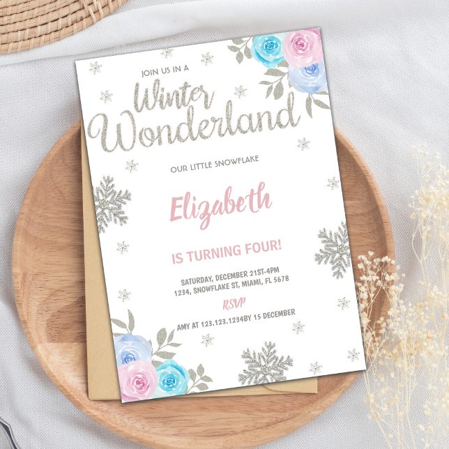 Floral Silver Glitter Winter Wonderland Birthday Invitation (Floral Silver Glitter Winter Wonderland Birthday Invitation)