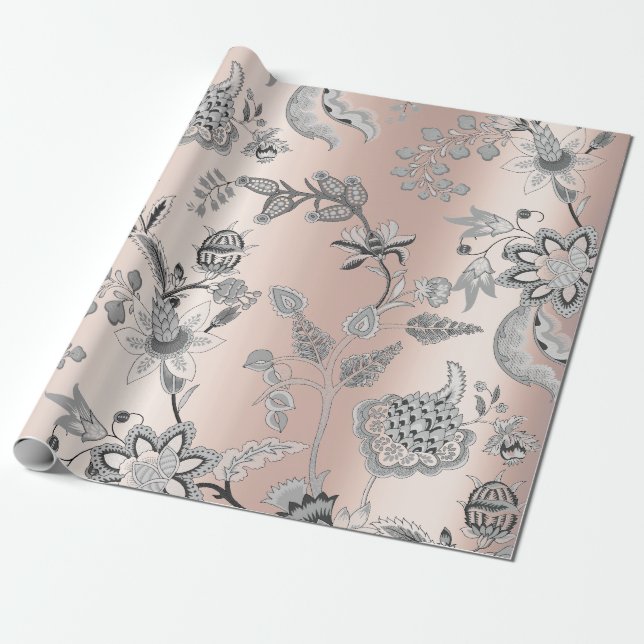 Floral Silver Grey Pink Rose Pearly Blush Orichid Wrapping Paper (Unrolled)