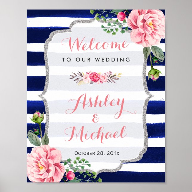Floral Silver Navy Stripes Wedding Welcome Sign (Front)