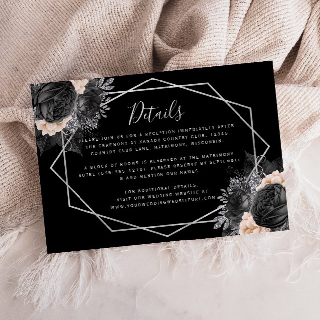 Floral Silver Peach Black Geo Wedding Details Enclosure Card (Creator Uploaded)