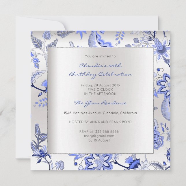 Floral Silver Sapphire Spring Chinoiserie Event Invitation (Front)