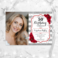 Floral Silver White Red Roses Photo 50th Birthday