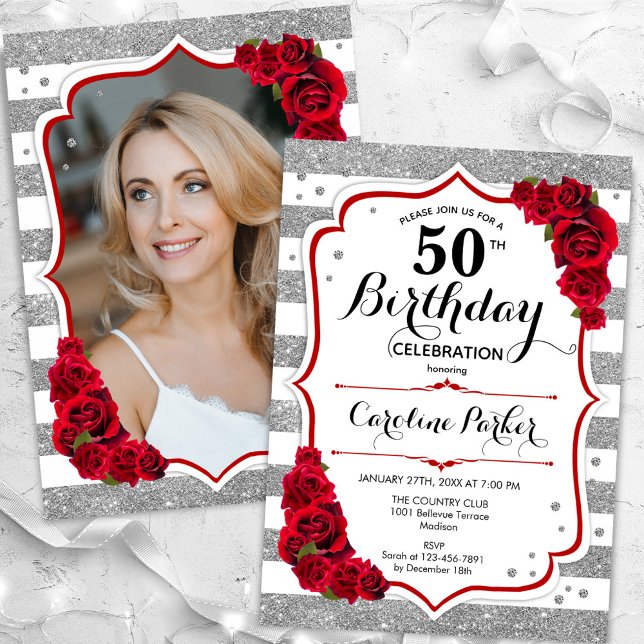Floral Silver White Red Roses Photo 50th Birthday Invitation (Creator Uploaded)