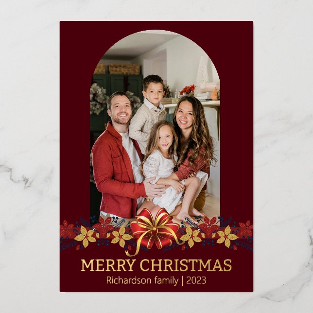 Floral Simple Elegant Family Christmas Photo Foil Holiday Card (Front)