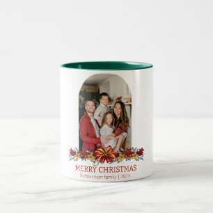 Floral Simple Elegant Family Christmas Photo Two-Tone Coffee Mug