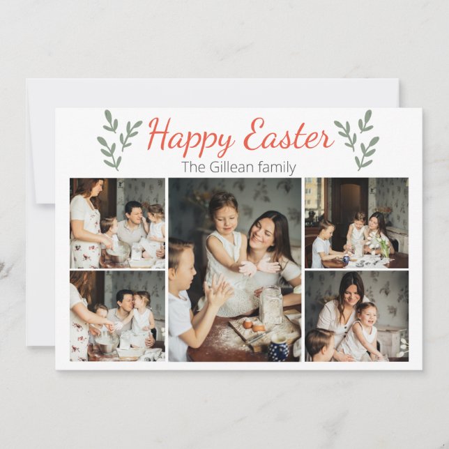 Floral Simple elegant Happy easter family 5 photo  Holiday Card (Front)