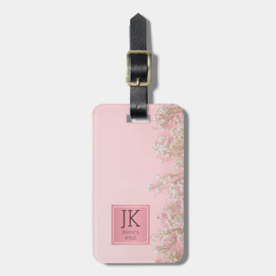 Floral Simple Elegant Pink Metal Monogrammed Name Luggage Tag