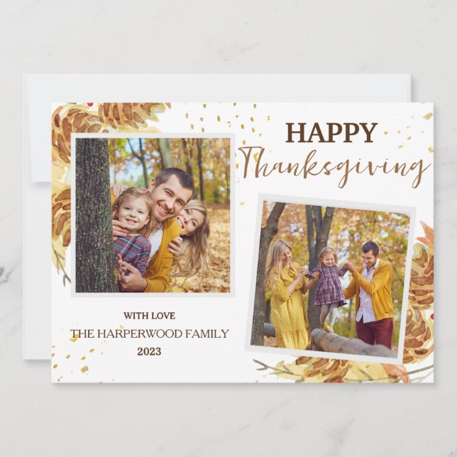 Floral Simple Modern thanksgiving family 2 photo Holiday Card (Front)