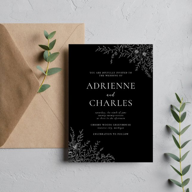 Floral Simplicity 1 Black Minimal Wedding Invitation (Creator Uploaded)