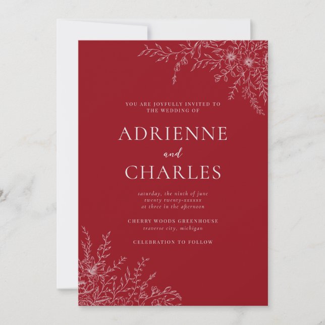 Floral Simplicity 1 Cranberry Red Minimal Wedding Invitation (Front)