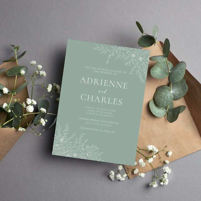 Floral Simplicity 1 Modern Green Minimal Wedding Invitation (Creator Uploaded)