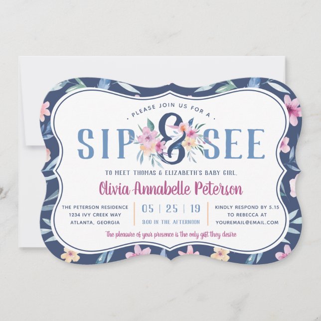 Floral Sip and See Baby Shower Invitation, Spring Invitation (Front)