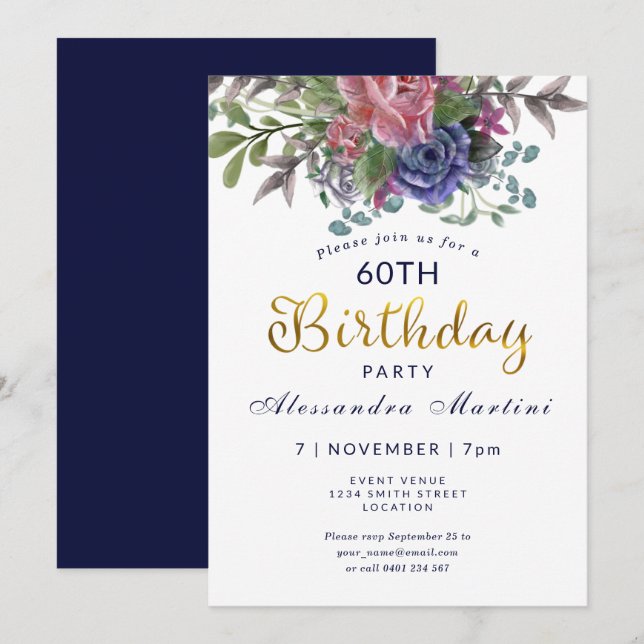 Floral Sixty and fabulous red rose gold birthday Invitation (Front/Back)