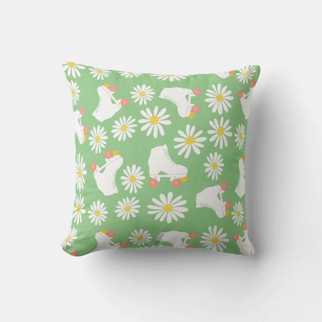Floral Skates Roller Skating Pattern Green Cushion (Front)