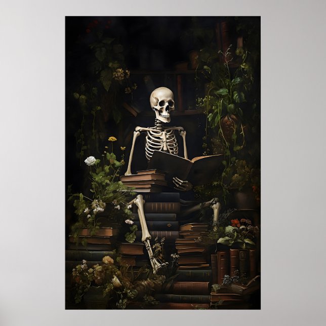 Floral Skeleton Books Library Print, Skull Dark Poster (Front)