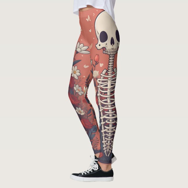 Floral Skeleton Halloween Skull Ribcage Leggings (Left)