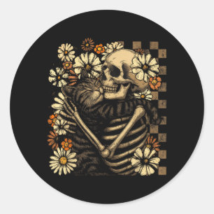 Floral Skeleton Hugging Cat Halloween Cat Lover Classic Round Sticker