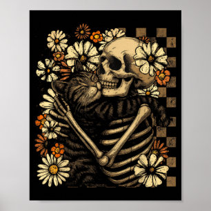 Floral Skeleton Hugging Cat Halloween Cat Lover Poster