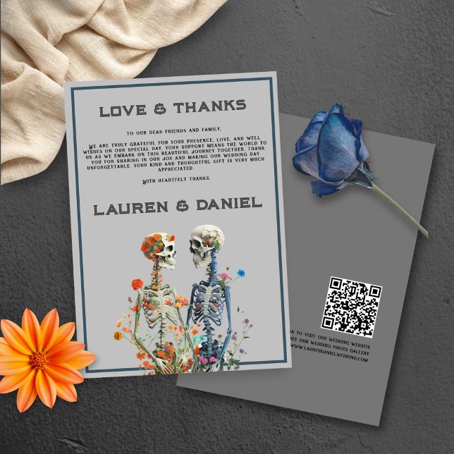 Floral Skeleton Lovers QR Code Wedding  Thank You Card (Floral Thanks Front and Back view)