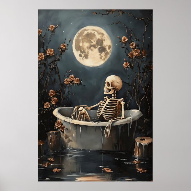 Floral Skeleton Taking A Bath Print, Dark Poster (Front)