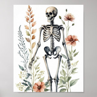 Floral Skeleton Watercolor Painting Poster