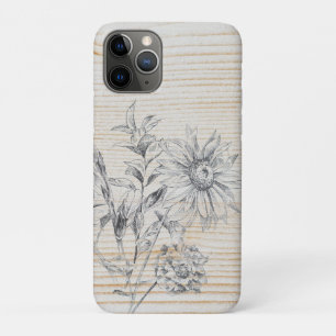 Floral Sketch on Faux Wood Background iPhone 11 Pro Case