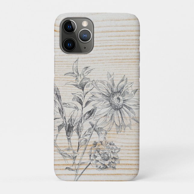 Floral Sketch on Faux Wood Background Case-Mate iPhone Case (Back)