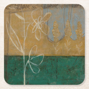 Floral Sketch with Wildflower and Plants Square Paper Coaster