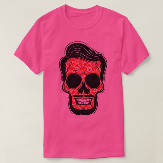 Floral Skull Beard Skull with Beard and Moustache  T-Shirt (Design Front)