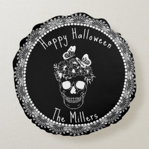 Floral Skull Black White Lace Halloween  Round Cushion