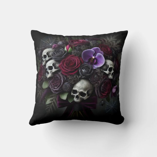 Floral Skull Bouquet Dark Gothic Halloween  Cushion (Back)