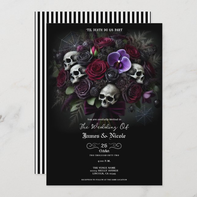 Floral Skull Bouquet Dark Gothic Halloween Wedding Invitation (Front/Back)