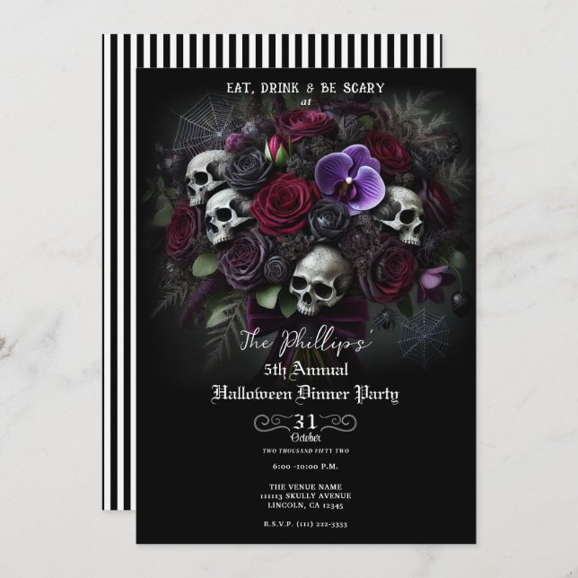 Floral Skull Bouquet Gothic Halloween Dinner Party Invitation (Front/Back)