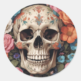 Floral skull classic round sticker